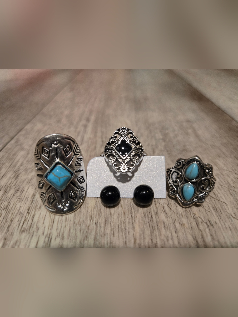 Silver Tribal Ring & Black Synthetic Onyx Stud Earrings Set